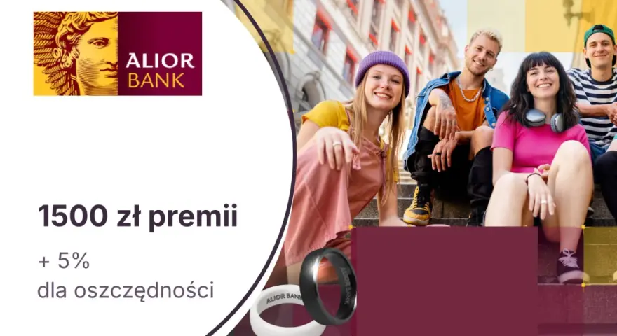 Alior Bank promocja za założenie konta: 1500 zł premii i 5% dla oszczędności. Uśmiechnięci młodzi ludzie siedzą na schodach.
