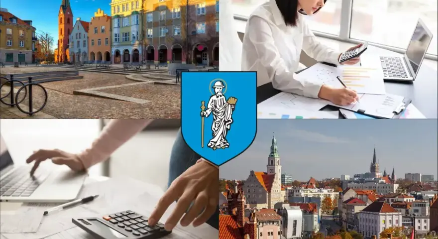 Kolaż: Rynek w Poznaniu, kobieta z kalkulatorem, herb Poznania, panorama miasta.