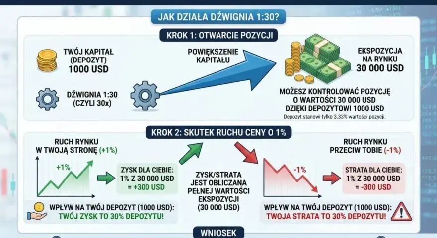 Dźwignia finansowa 1:30 na Forex. 1000 USD depozytu pozwala kontrolować pozycję 30 000 USD. Ruch ceny o 1% to 30% zysku lub straty depozytu.
