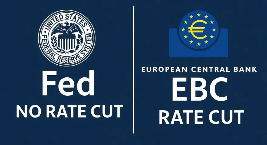 Porównanie polityki Fed (bez obniżki stóp) i Europejskiego Banku Centralnego (EBC) (obniżka stóp).