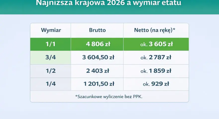 Tabela pokazuje najniższą krajową w Polsce w 2026 roku dla różnych wymiarów etatu: 1/1, 3/4, 1/2, 1/4. Podano kwoty brutto i netto.