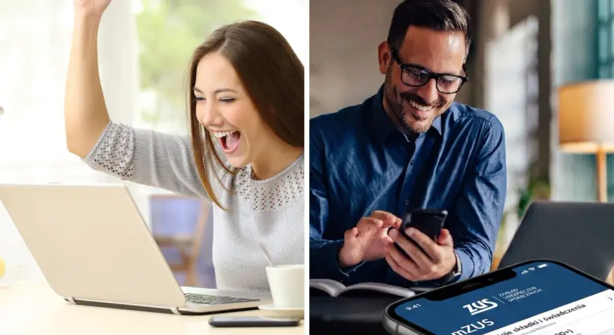 Kobieta cieszy się z sukcesu przy laptopie, mężczyzna sprawdza telefon z aplikacją ZUS. Marzenie o wakacjach od ZUS 2026 staje się realne!
