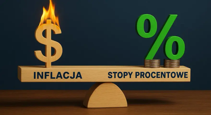 Waga pokazuje, że wysoka inflacja (symbol dolara w ogniu) przeważa nad stopami procentowymi NBP.