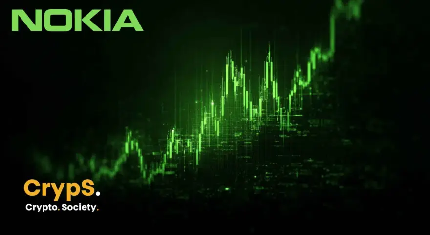 Zielony wykres świecowy symbolizujący akcje Nokia, z logo Nokia i Cryps. Crypto. Society.