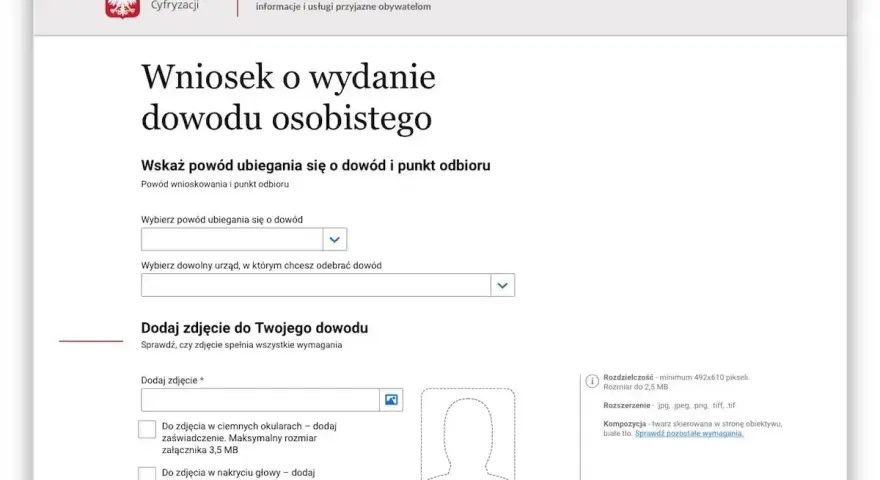 Formularz wniosku o wydanie dowodu osobistego. Można tu dodać zdjęcie do dowodu dla dziecka.