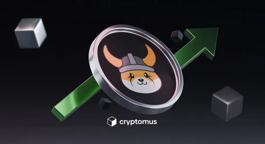 Floki Inu z zieloną strzałką wzrostu, symbolizującą sukces.