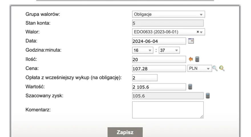 Formularz do przedterminowego wykupu obligacji skarbowych z polami do wpisania danych.