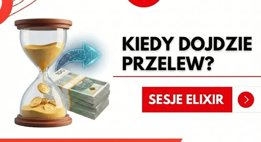 Kiedy przelew? Klepsydra z pieniędzmi i strzałka symbolizują czas. Kliknij Sesje Elixir, by dowiedzieć się więcej.