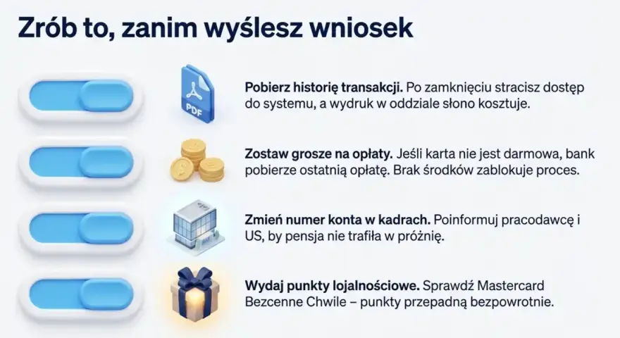 Przed zamknięciem konta w Alior Banku pobierz historię transakcji, ureguluj opłaty, zmień numer konta pracodawcy i wydaj punkty lojalnościowe.