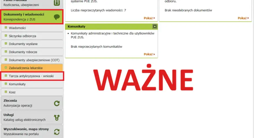 Panel Płatnika, zakładka "Dokumenty i wiadomości", sekcja "Tarcza antykryzysowa - wnioski". Możliwość złożenia wniosku o zwolnienie z ZUS.