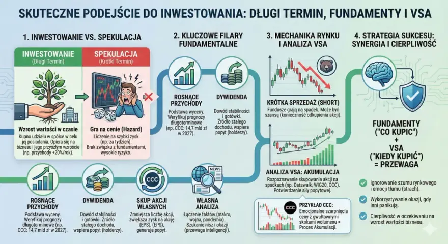 Schemat porównuje inwestowanie długoterminowe z krótkoterminową spekulacją, podkreślając znaczenie fundamentów i analizy VSA dla osiągnięcia przewagi, np. w przypadku akcji CCC.