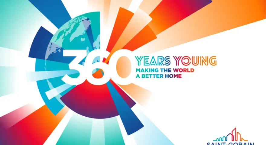360 lat Saint-Gobain: "Making the World a Better Home". Kolorowa grafika z globusem i promieniami.