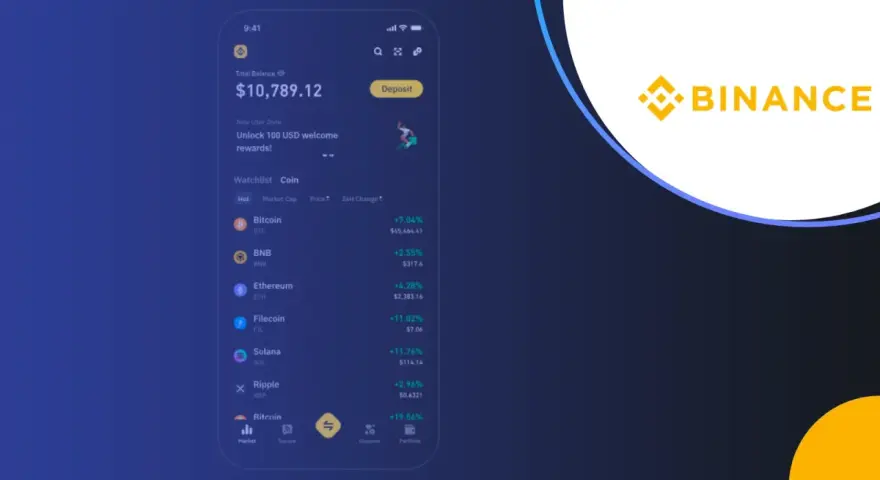Aplikacja Binance pokazuje portfel z saldem $10,789.12, listę kryptowalut, w tym BNB, oraz logo Binance.