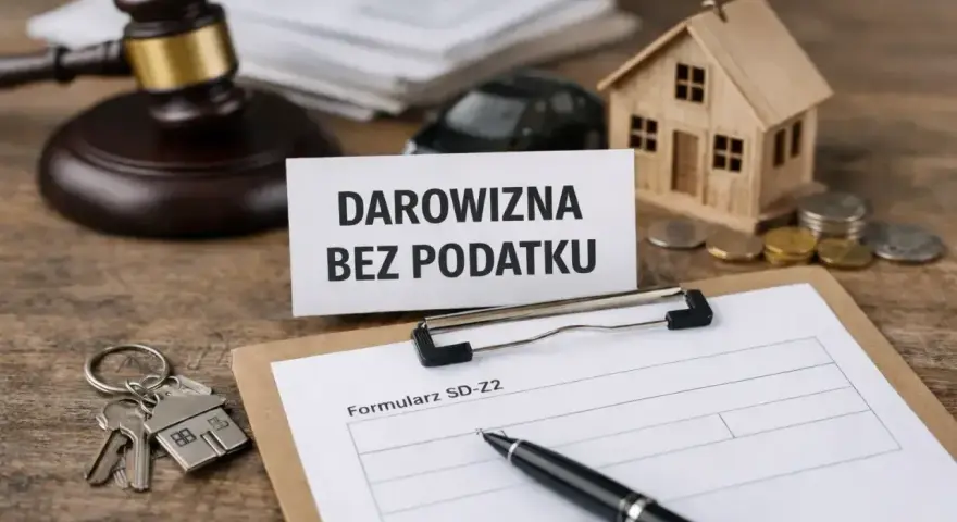 Formularz SD-Z2 czeka na wypełnienie. Klucze do domu, model domu i monety sugerują zgłoszenie darowizny bez podatku.