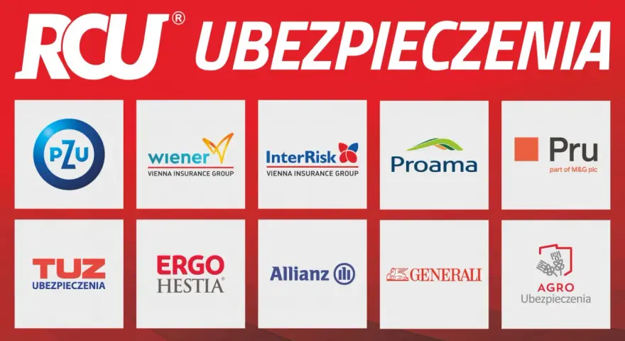 Logotypy agencji ubezpieczeniowych: PZU, Wiener, InterRisk, Proama, Pru, TUZ, Ergo Hestia, Allianz, Generali, Agro Ubezpieczenia.