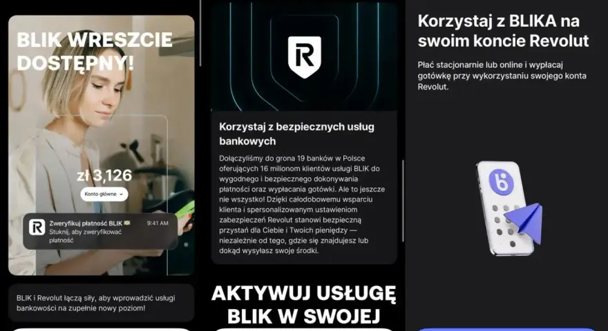 Revolut przelew na telefon z BLIKIEM. Aplikacja pokazuje możliwości płatności i wypłat gotówki.