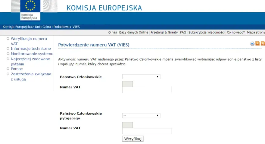 Formularz do weryfikacji numeru VAT firmy. Wybierz państwo i wpisz numer VAT, aby sprawdzić jego ważność.