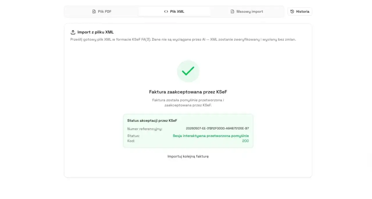 Faktura zaakceptowana przez KSeF. Potwierdzenie importu XML, pokazujące jak wystawić fakturę w systemie.