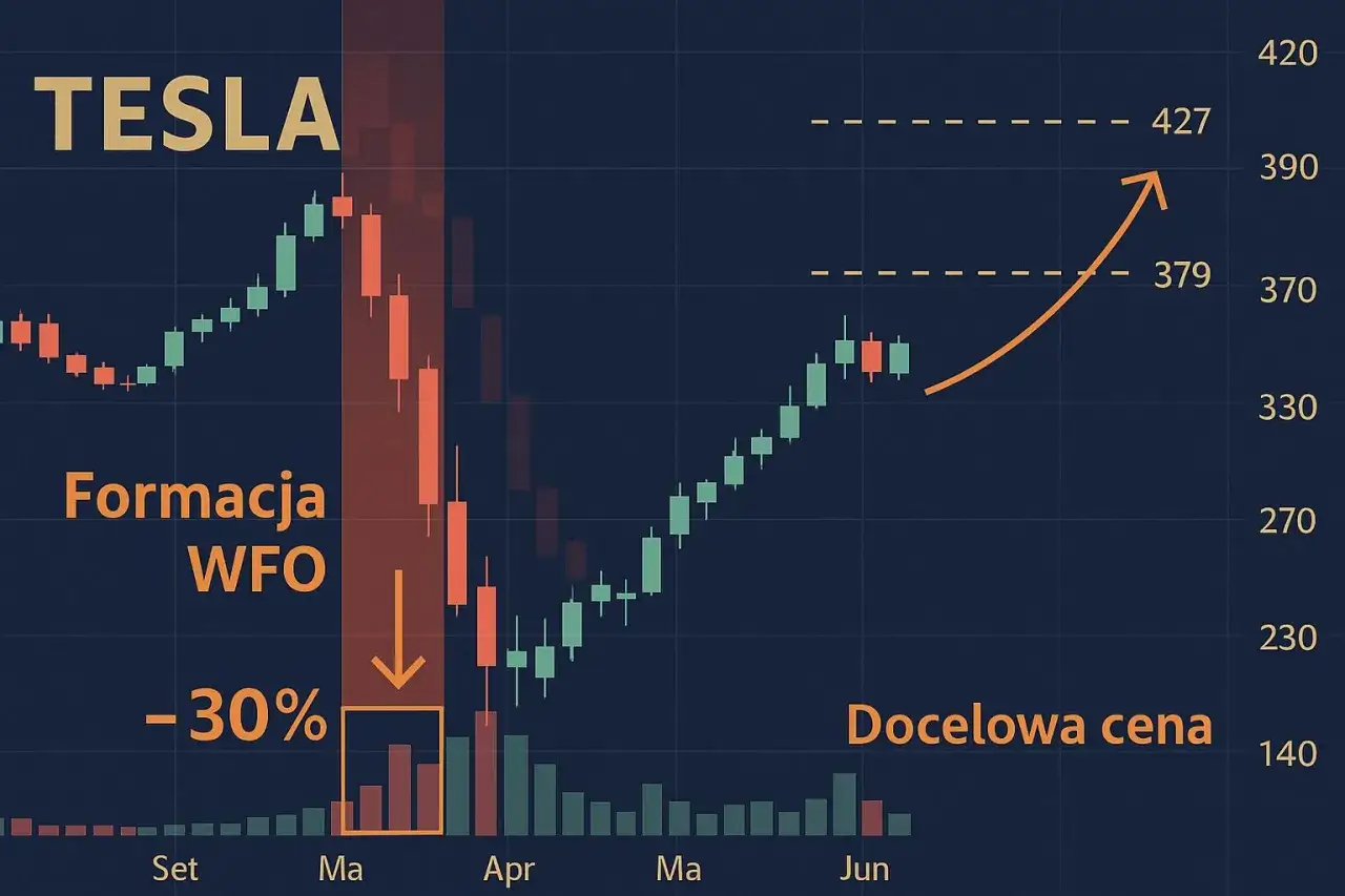 Wykres akcji Tesli: formacja WFO, spadek o 30%, docelowa cena 379. Trend wzrostowy po spadku.