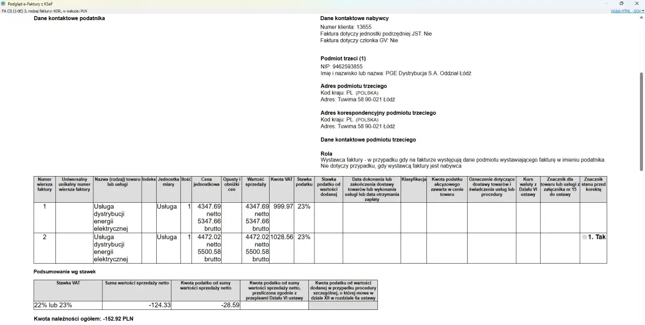 Korekta faktury z usługą dystrybucji energii elektrycznej. Wartość netto: 4347.69, VAT: 999.97. Podsumowanie wg stawek: 22% lub 23%, suma sprzedaży netto: -124.33.