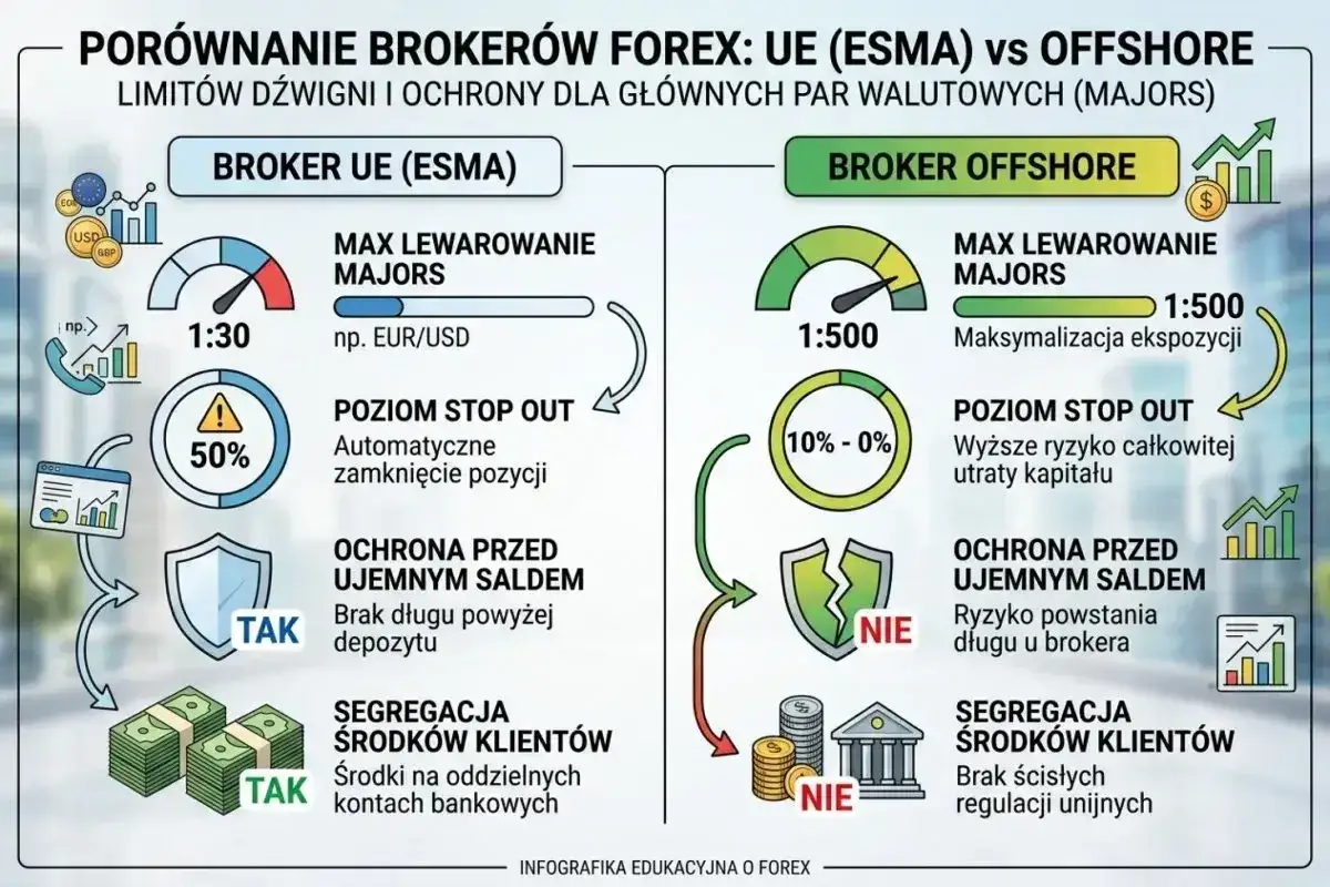 Porównanie brokerów Forex: UE (ESMA) vs Offshore. Brokerzy UE oferują ochronę przed ujemnym saldem i segregację środków, w przeciwieństwie do offshore. Bankowy fundusz gwarancyjny nie jest tu wspomniany.