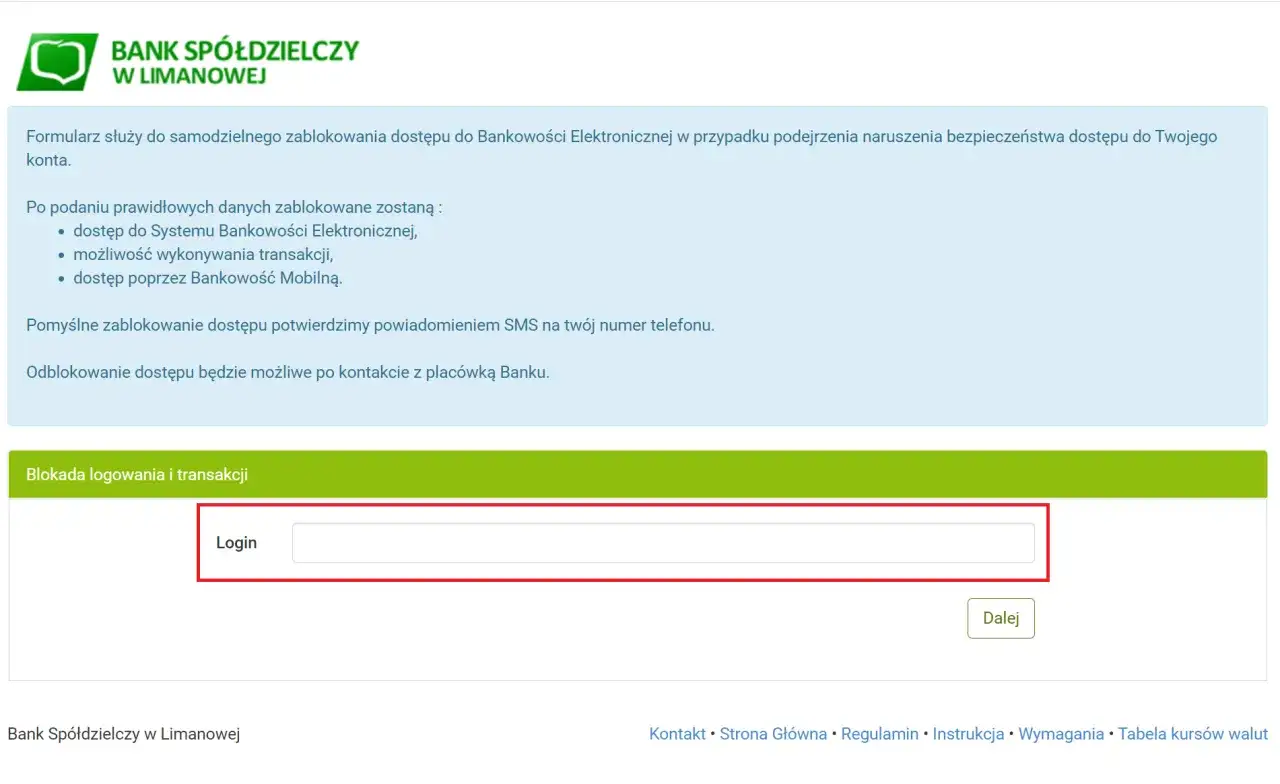 Formularz blokady dostępu do bankowości. Po wpisaniu loginu i kliknięciu 