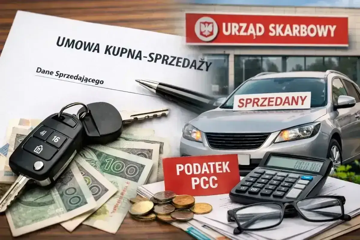Umowa kupna-sprzedaży samochodu, kluczyki, pieniądze i kalkulator z napisem 