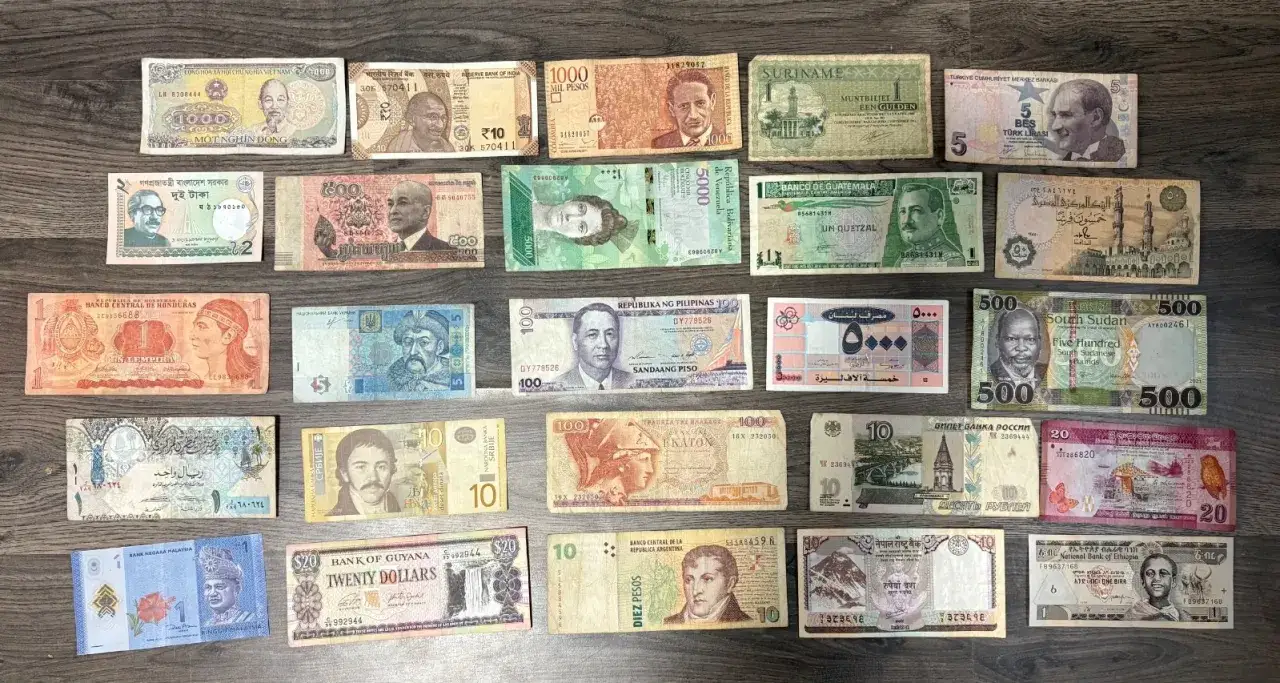 Kolekcja banknotów z różnych krajów, w tym dinar, rupia, peso, dolar, funt, rubel, lira, quetzal, birr, gulden, dong, dinar.