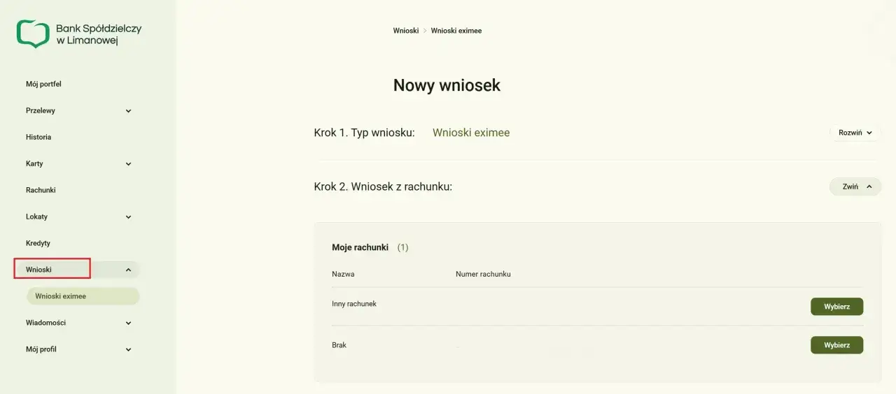 Nowy wniosek w Banku Spółdzielczym. Wybieram