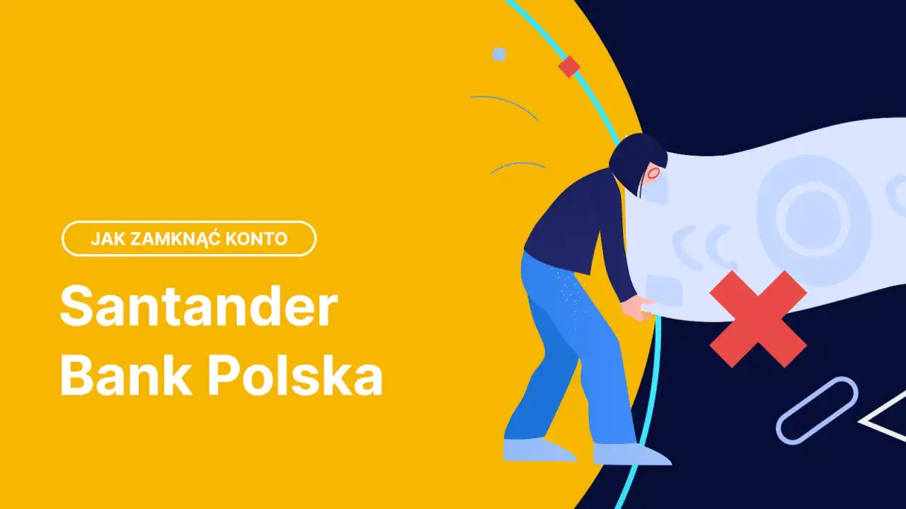 Santander Bank Polska: jak zamknąć konto? Ilustracja przedstawia osobę pochyloną nad dokumentem z czerwonym krzyżykiem, symbolizującym zakończenie.