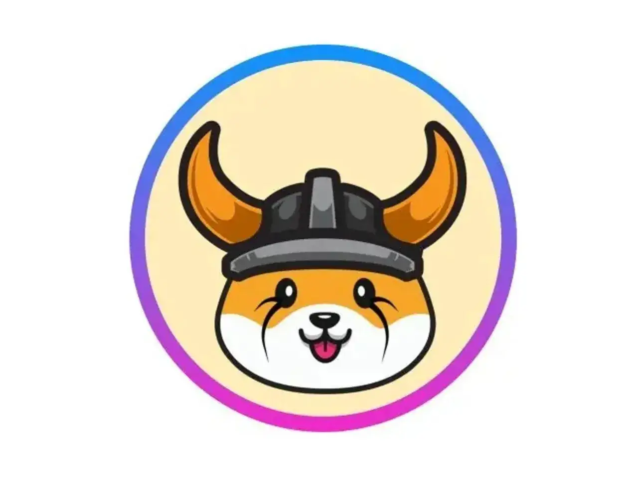 Urocza Shiba Inu w hełmie wikinga, symbolizująca ducha Floki Inu, z radosnym wyrazem pyszczka.