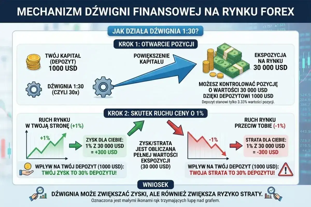 Dźwignia 1:30 na Forex powiększa kapitał 1000 USD do 30 000 USD. Ruch ceny o 1% daje 30% zysku lub straty na depozycie.