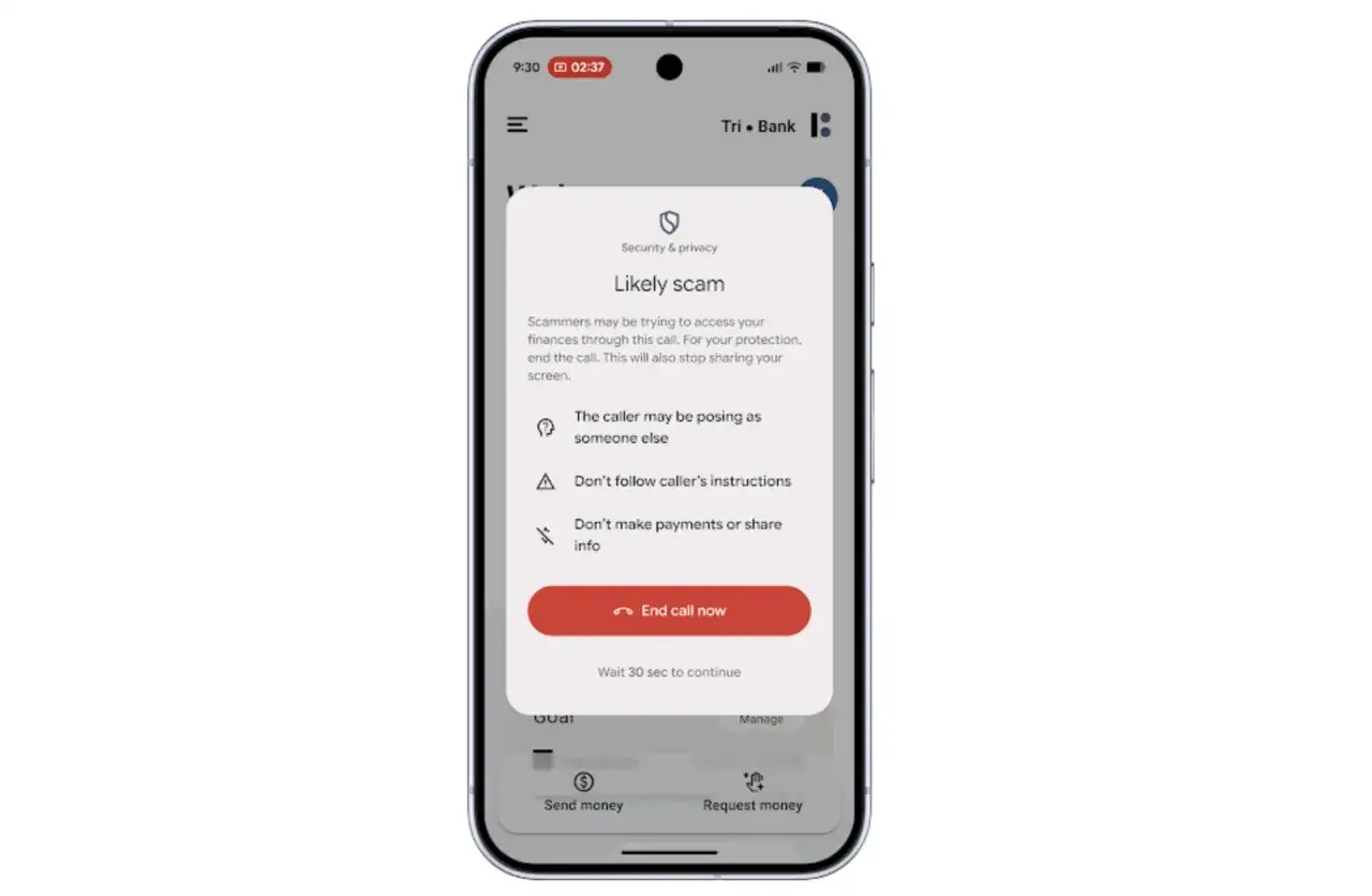 Ostrzeżenie przed vishingiem na ekranie telefonu. Scammer próbuje wyłudzić dane. Zakończ połączenie, by się chronić.
