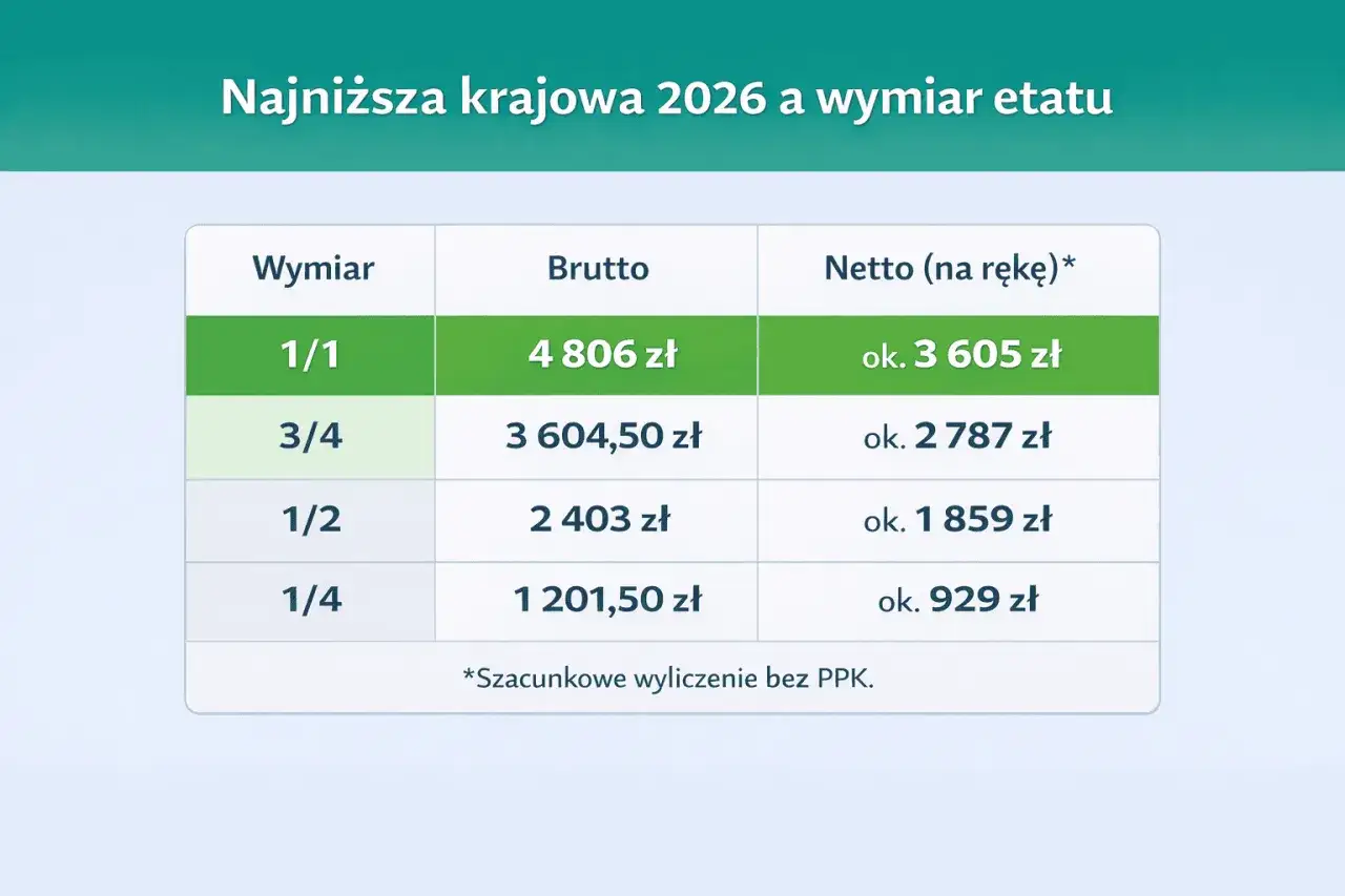 Tabela pokazuje szacunkową najniższą krajową w Polsce w 2026 roku dla różnych wymiarów etatu: od 1/1 do 1/4.