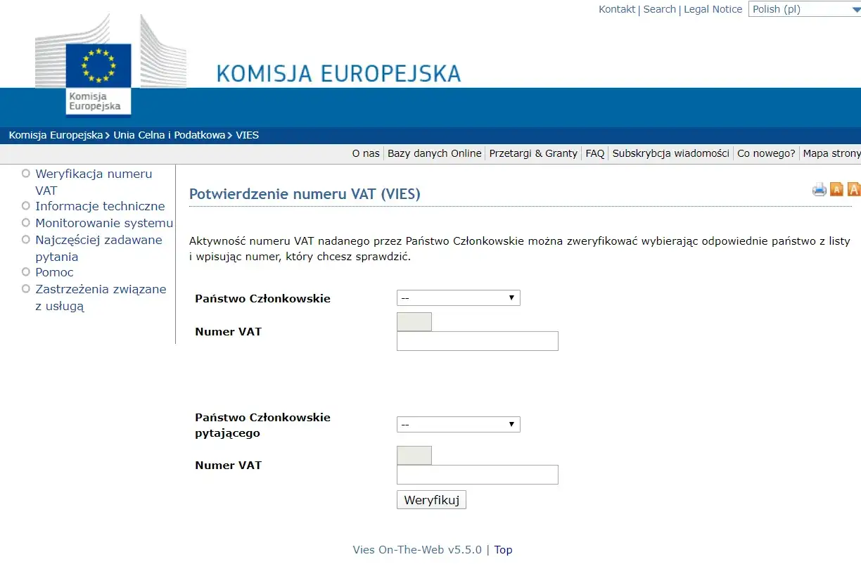 Formularz weryfikacji numeru VAT w systemie VIES Komisji Europejskiej. Można sprawdzić ważność europejskiego numeru VAT.