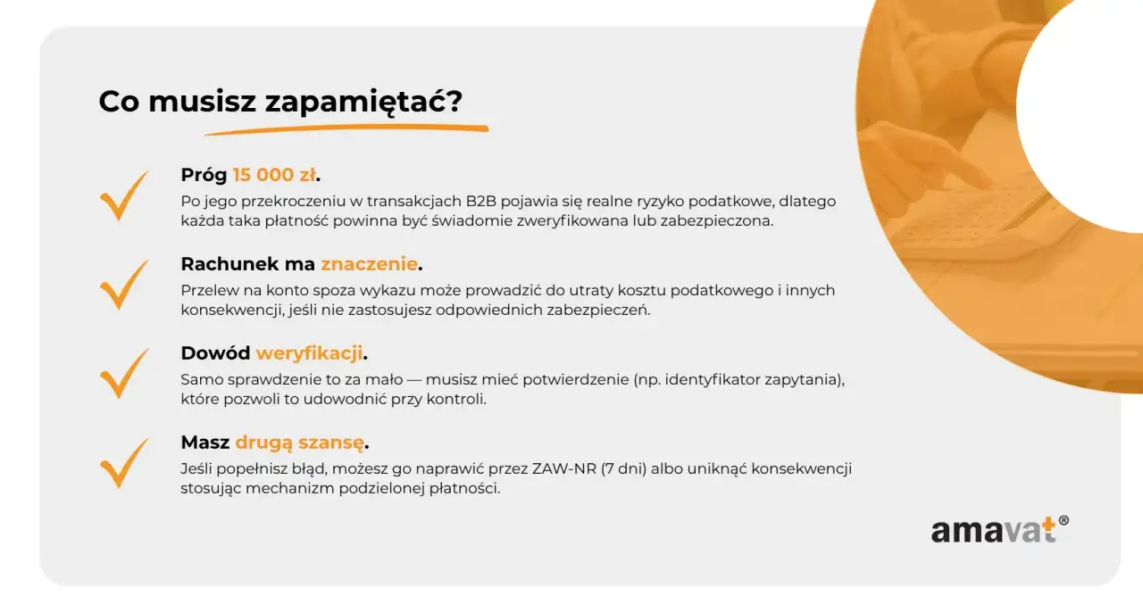 Próg 15 000 zł. Rachunek ma znaczenie. Dowód weryfikacji. Masz drugą szansę. Pamiętaj o białej liście podatników.