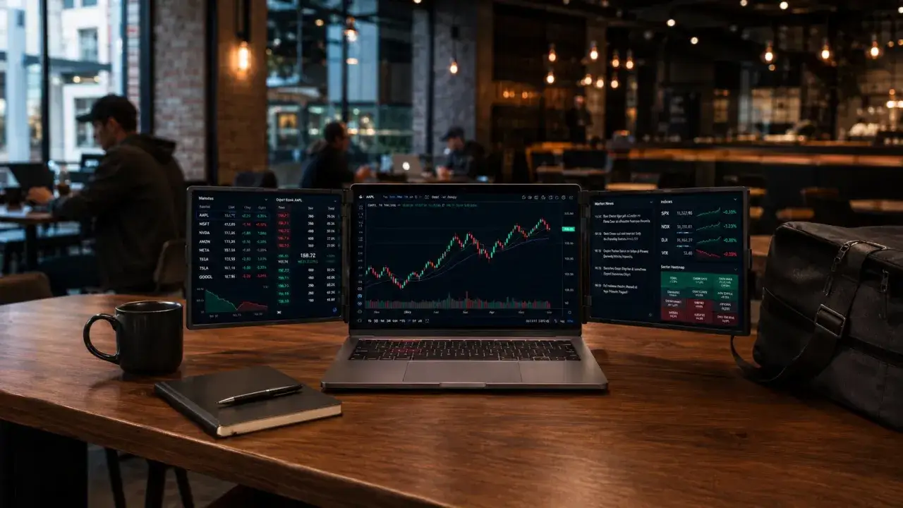 Na stole w kawiarni laptop z trzema monitorami wyświetlającymi wykresy giełdowe. To obrazuje, co to jest trading – analiza rynków finansowych.
