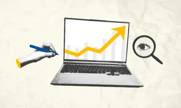 Rysunek przedstawia laptop z wykresem wzrostu, rękę piszącą długopisem i lupę z okiem. To symbol analizy danych i śledzenia postępów, jak w przypadku rafako kurs.