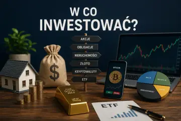 Zastanawiasz się, w co inwestować? Na stole leżą złoto, dom, worek pieniędzy, kryptowaluty i wykresy.