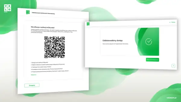 Proces weryfikacji w aplikacji mObywatel dla velobank aplikacja. Po udanej weryfikacji odblokowano dostęp do bankowości internetowej.
