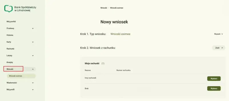 Wniosek eximee w Banku Spółdzielczym w Limanowej. Wybierz rachunek do wniosku 300 plus przez bank.