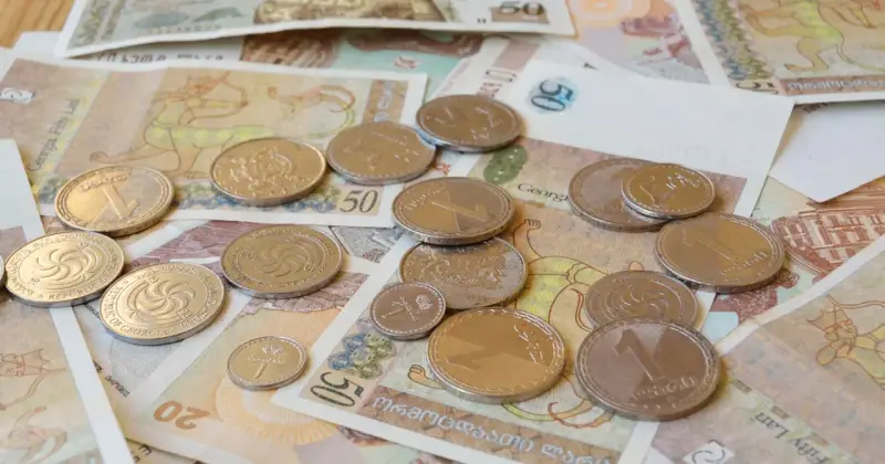 Monety i banknoty, w tym waluta Gruzji, lari, leżą rozrzucone na stole.