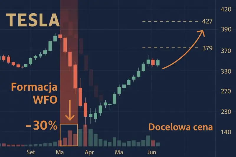 Wykres akcji Tesli: formacja WFO, spadek o 30%, docelowa cena 379. Trend wzrostowy po spadku.
