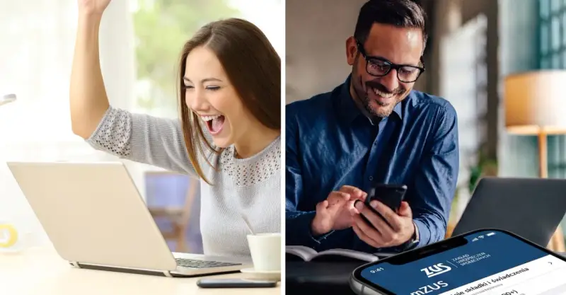 Kobieta cieszy się z sukcesu przy laptopie, mężczyzna sprawdza telefon z aplikacją ZUS. Marzenie o wakacjach od ZUS 2026 staje się realne!
