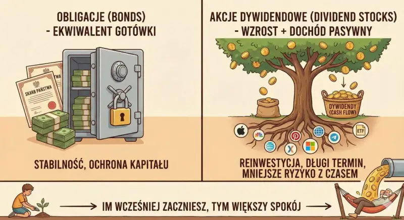 Bezpieczeństwo finansowe na emeryturę: sejf z obligacjami i drzewo dywidendowe symbolizują różne strategie inwestycyjne.