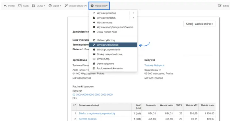 W menu "Więcej opcji" wybrano "Wystaw zaliczkową", co pozwala na utworzenie faktury zaliczkowej.