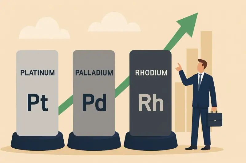 Biznesmen wskazuje na rosnący wykres, symbolizujący wzrost wartości platyny i innych metali szlachetnych.