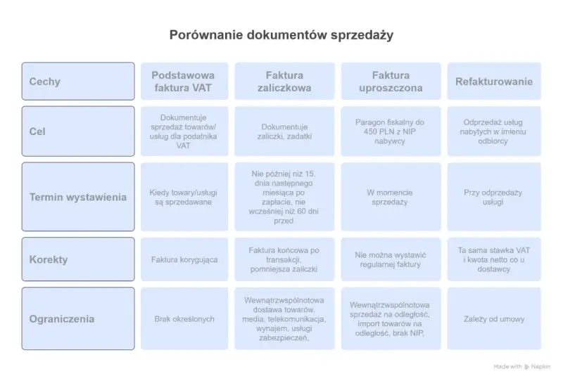 Porównanie dokumentów sprzedaży: termin wystawienia faktury zależy od jej rodzaju. Podstawowa faktura VAT wystawiana jest przy sprzedaży, zaliczkowa po zapłacie, a uproszczona w momencie sprzedaży.