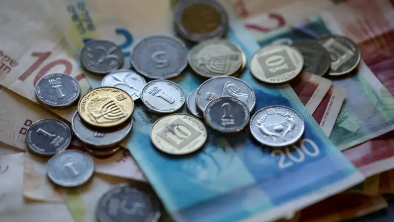 Stos monet i banknotów, w tym szekla, tworzy bogactwo na stole.