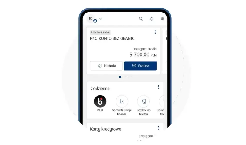 Aplikacja mobilna PKO BP. Widok konta z saldem 5700 PLN. Ikony BLIK, przelewy, historia. Dowiedz się, jak aktywować kartę PKO.